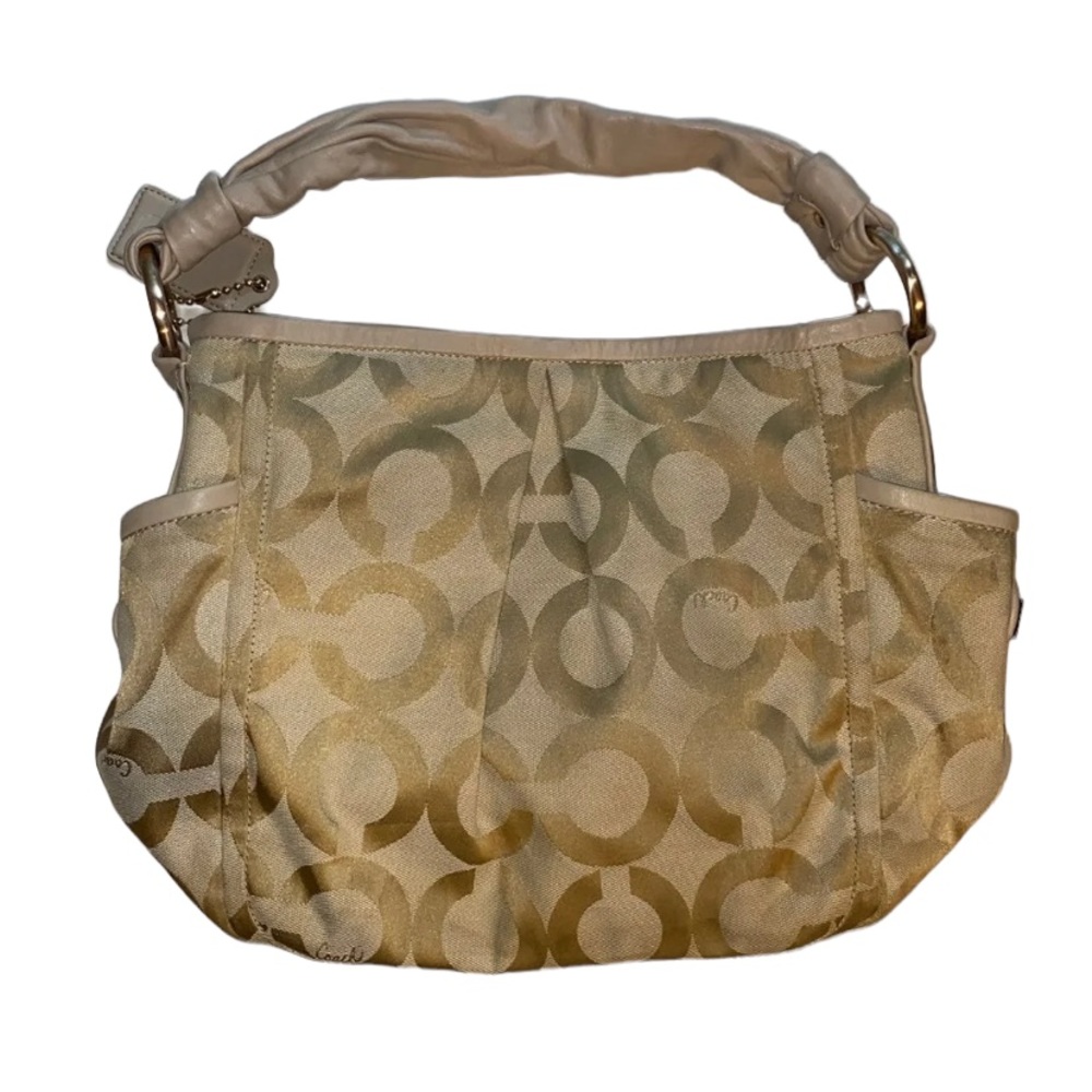 COPY - Coach Tan & Gold Parker Canvas OP Art Medium Shoulder Bag Purse Leather …